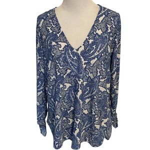Michael Kors Paisley Top Womens Large Blue & White Tie Sleeve V-Neck Blouse